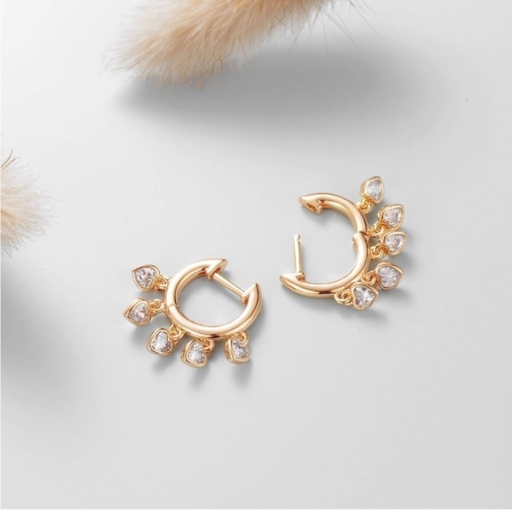 GOLD 14k Gold Plated Cubic Zirconia Tassel Heart Hoop Earrings